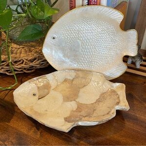 Two Vintage Large Capiz Shell Mother of Pearl Iridescent Fish platters MCM